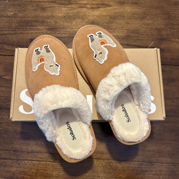 New Soludos Llama lama Cozy Slippers Genuine Tan Suede Leather Faux Fur Comfort - Picture 4 of 4